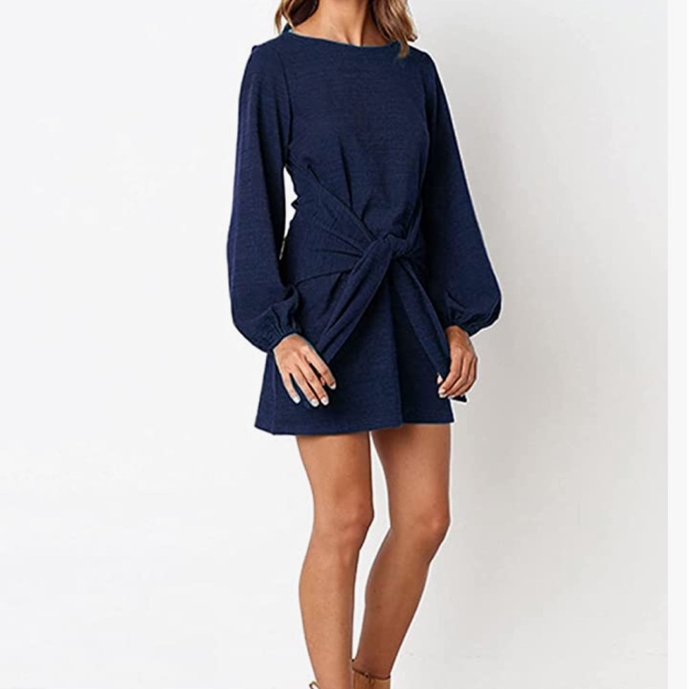 Navy short sweater dress with tie.